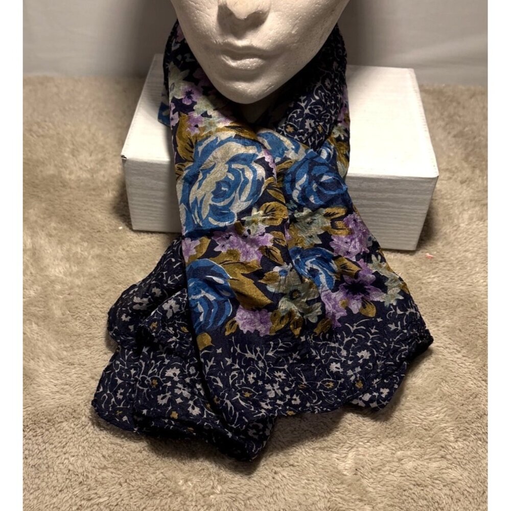 Floral Navy Blue Scarf Multicolor Square Roses 32 Inches Lightweight